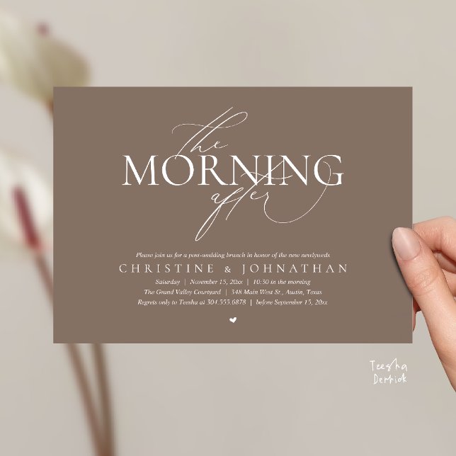 Convites A Manhã Seguinte, Brunch de Elopamento Pós-Casamen (The Morning After, Post Wedding Brunch Elopement Invitation Card in warm contemporary taupe brown)