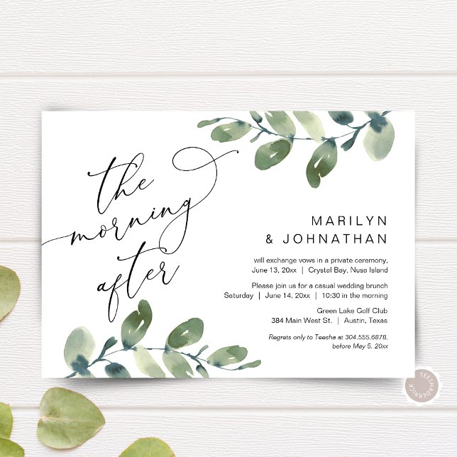 Convites A Manhã Seguinte, Brunch de Fuga, Verdura (The Morning After, Elopement Brunch Party Invitation Card, Greenery Eucalyptus, Digital Download)