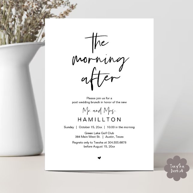 Convites A Manhã Seguinte, Brunch Pós Casamento (The Morning After, Post Wedding Brunch Elopement Modern Casual Invites Card PDF in Black White)