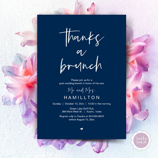 Convites A Manhã Seguinte, Brunch Pós Casamento (Thanks a Brunch, The Morning After, Post Wedding Invitation Card  PDF Navy Blue)