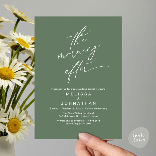 Convites A Manhã Seguinte, Brunch Romântico Pós-Casamento (The Morning After Modern Romantic Post Wedding Elopement Brunch Invitation Card PDF in Sage Green)