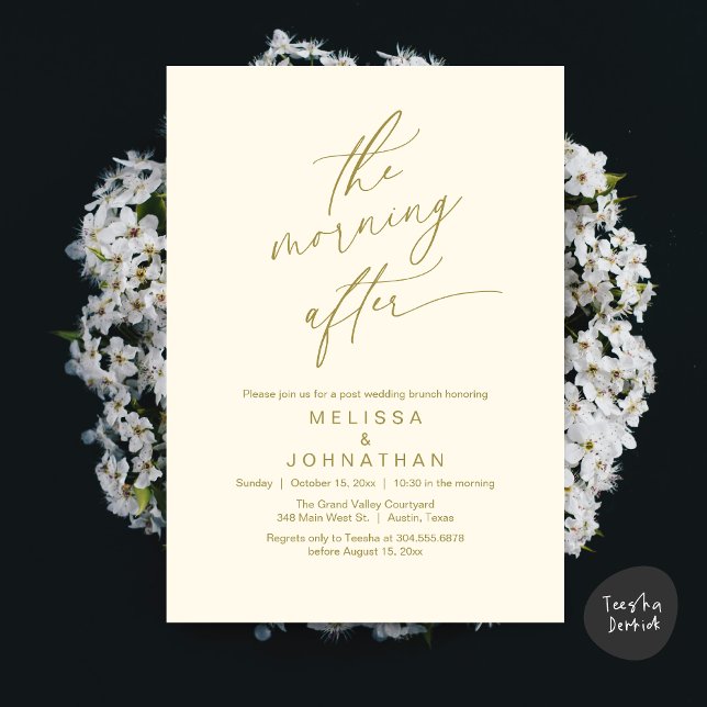 Convites A Manhã Seguinte, Brunch Romântico Pós-Casamento (The Morning After Modern Romantic Post Wedding Elopement Brunch Invitation Card PDF in Yellow Gold)