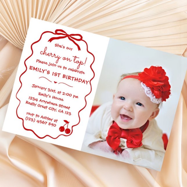 Convites A Mão desenhou Cereja Whimsical na Foto Superior (She's the Cherry on Top Hand Drawn Birthday Invitation She's our Cherry on Top, Hand Drawn Birthday )