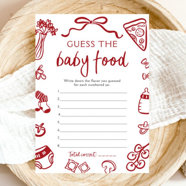 Convites A Mão Desenhou O Chá de fraldas Italiano Adivinha  (Hand Drawn Italian Baby Shower Guess The Baby Food Game)