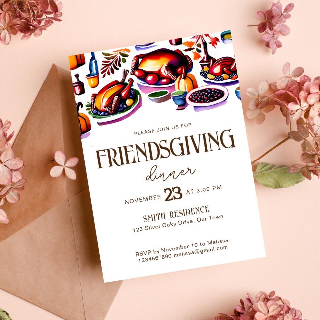 Convites A mesa de Ação de Graças de Amizade dispara os mod (Friendsgiving thanksgiving dinner party template invitation modern turkey meals art retro )