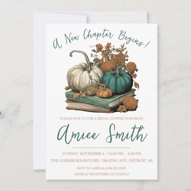 Convites A New Chapter Begins! Autumn Pumpkin Bridal Shower (Frente)