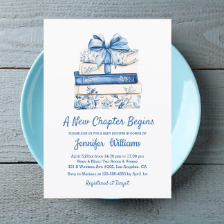 Convites a new chapter begins blue bow books baby shower 