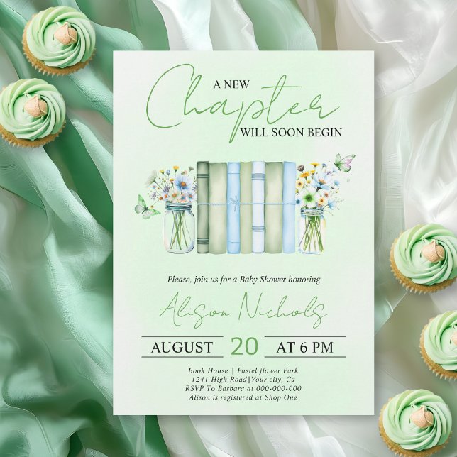 Convites A New Chapter Begins bookneutral green baby shower (Criador carregado)
