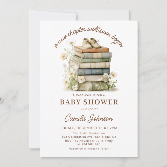 Convites A New Chapter Begins Books Baby Shower Invitation (Frente)