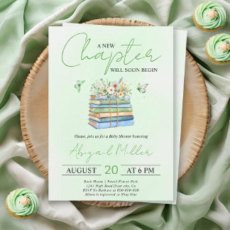 Convites A New Chapter Begins floral book green baby shower