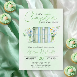 Convites A New Chapter Begins neutral green baby shower