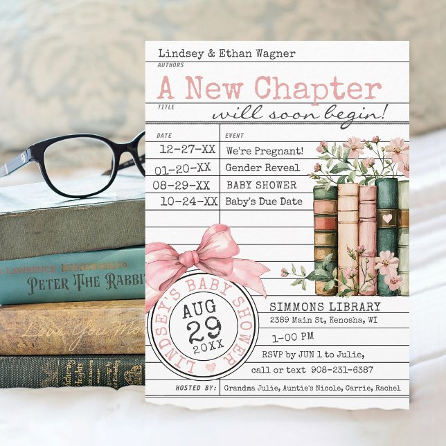 Convites A New Chapter Library Card Books Pink Baby Shower (A New Chapter floral books wildflower pink bows library card cute modern baby girl shower invitation)