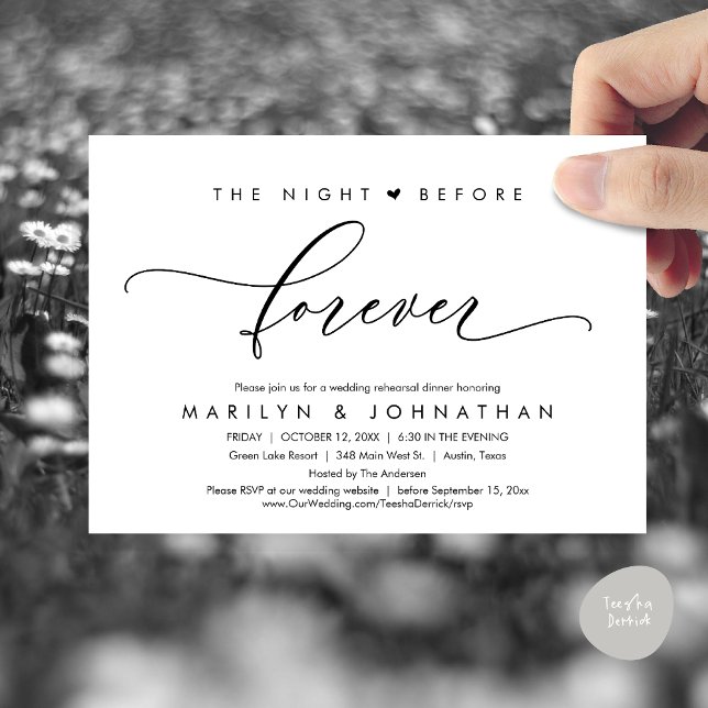 Convites A Noite Anterior Ao Janto De Ensaio Romântico (The Night Before Forever, Romantic Wedding Rehearsal Dinner Invitation Card, PDF, In Black and White)
