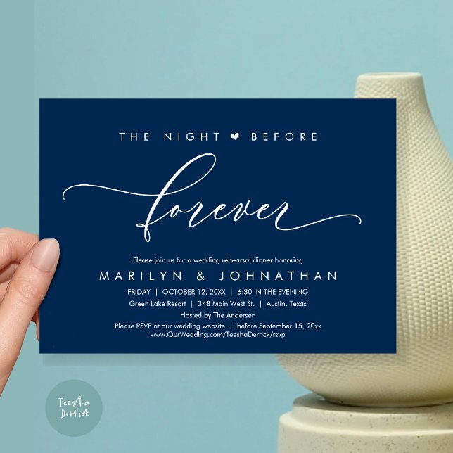 Convites A Noite Anterior Ao Janto De Ensaio Romântico (The Night Before Forever, Romantic Wedding Rehearsal Dinner Invitation Card, PDF, In Navy Blue)