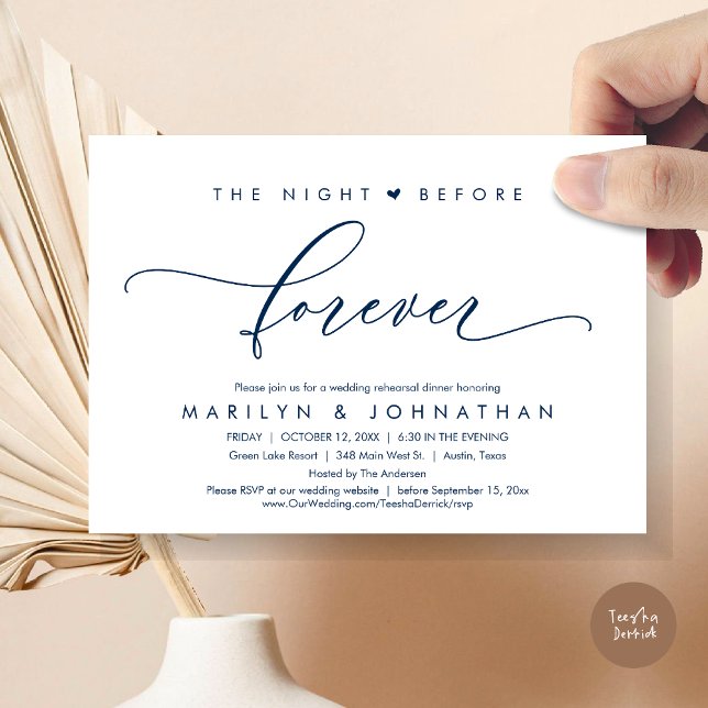 Convites A Noite Anterior Ao Janto De Ensaio Romântico (The Night Before Forever, Romantic Wedding Rehearsal Dinner Invitation Card, PDF, In Navy Blue)