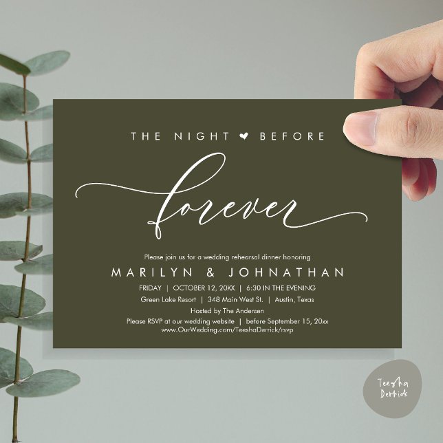 Convites A Noite Anterior Ao Janto De Ensaio Romântico (Modern Romantic The Night Before Forever, Wedding Rehearsal Dinner Invitation Card, PDF, Olive Green)
