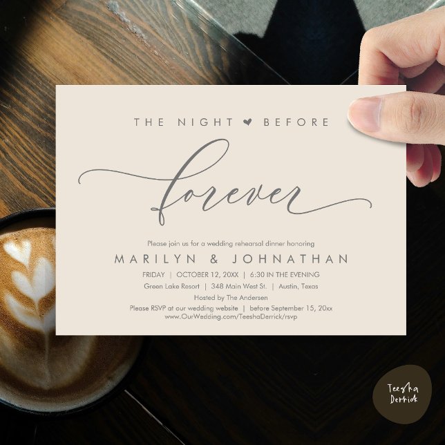 Convites A Noite Anterior Ao Janto De Ensaio Romântico (Romantic The Night Before Forever, Wedding Rehearsal Dinner Invitation Card, PDF, Dark Grey Cream)