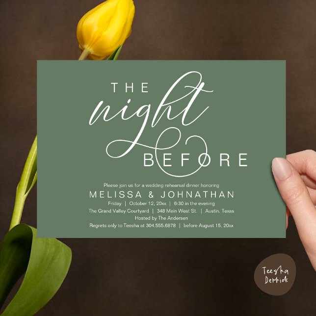 Convites A Noite Anterior, Jantar de Ensaio de Casamento El (The Night Before, Classy Romantic Wedding Rehearsal Dinner Invitation Card PDF Modern Sage Green)