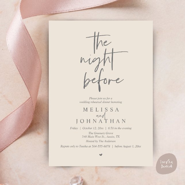 Convites A noite anterior, Jantar de Ensaio de Casamento Mo (The night before, Modern minimalist Wedding Rehearsal Dinner Invitation card in cream grey)