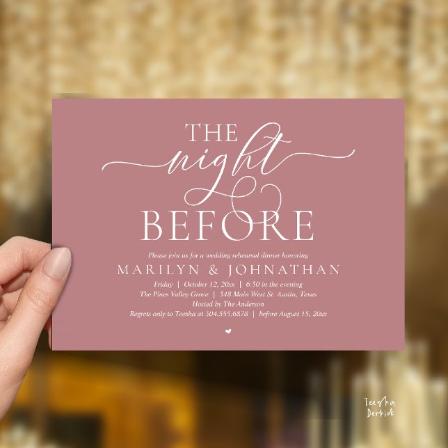 Convites A Noite Anterior, Jantar de Ensaio de Casamento Mo (The Night Before, Modern Romantic Classy Wedding Rehearsal Dinner Invitation Card in dusty rose pink)