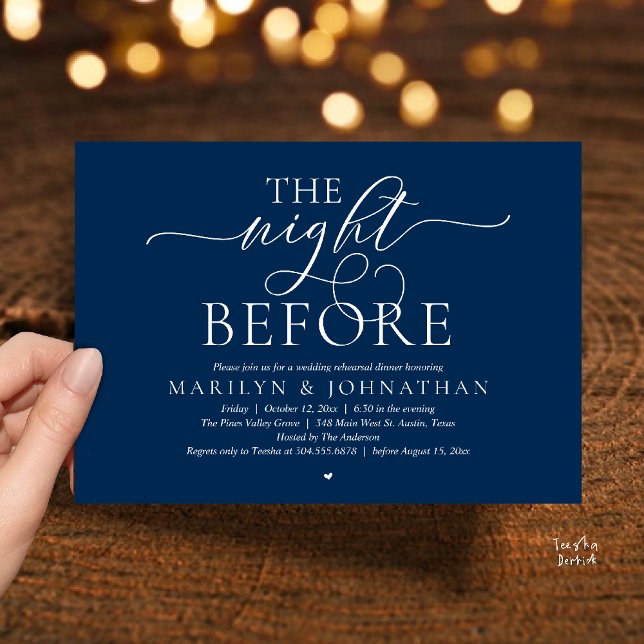 Convites A Noite Anterior, Jantar de Ensaio de Casamento Mo (The Night Before, Modern Romantic Classy Wedding Rehearsal Dinner Invitation Card in navy blue)