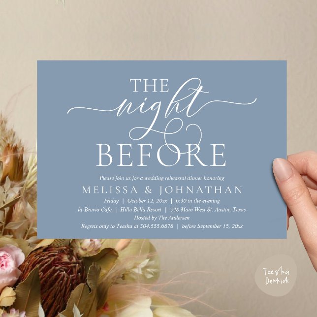 Convites A Noite Anterior, Jantar de Ensaio de Casamento Mo (The Night Before, Modern Wedding Rehearsal Dinner Party Invitation Card, PDF, Dusty Blue)