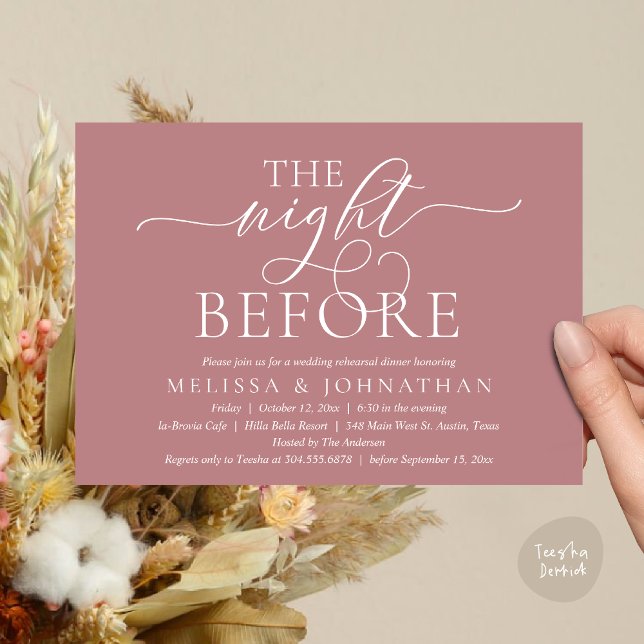 Convites A Noite Anterior, Jantar de Ensaio de Casamento Mo (The Night Before, Modern Wedding Rehearsal Dinner Party Invitation Card, PDF, Dusty Rose Pink)