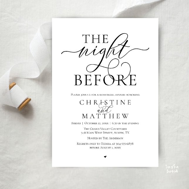 Convites A Noite Anterior, Jantar de Ensaios de Casamento E (The Night Before, Classy Wedding Rehearsal Dinner Invitation Card in Black and White)
