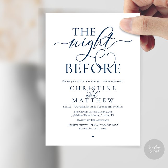 Convites A Noite Anterior, Jantar de Ensaios de Casamento E (The Night Before, Classy Wedding Rehearsal Dinner Invitation Card in Navy Blue)