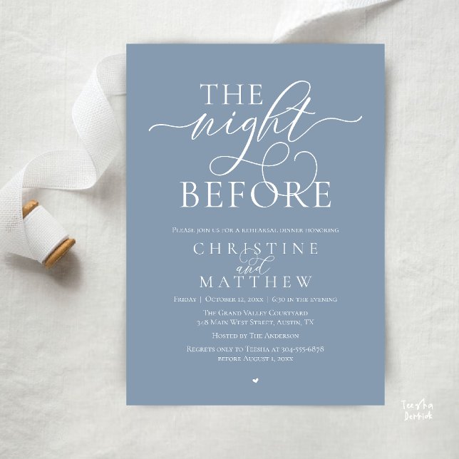 Convites A Noite Anterior, Jantar de Ensaios de Casamento E (The Night Before, Classy Wedding Rehearsal Dinner Invitation Card in Dusty Blue)