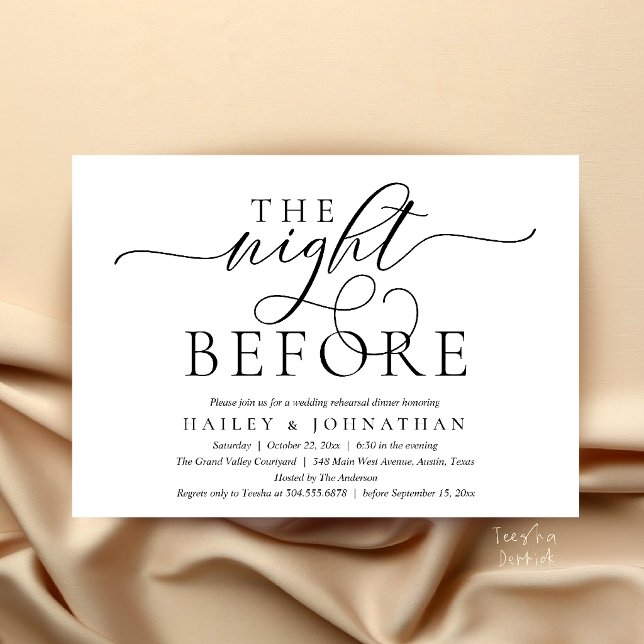 Convites A Noite Anterior, Jantar de Ensaios de Casamento E (The Night Before, Classy Wedding Rehearsal Dinner Invitation Card in black and white)