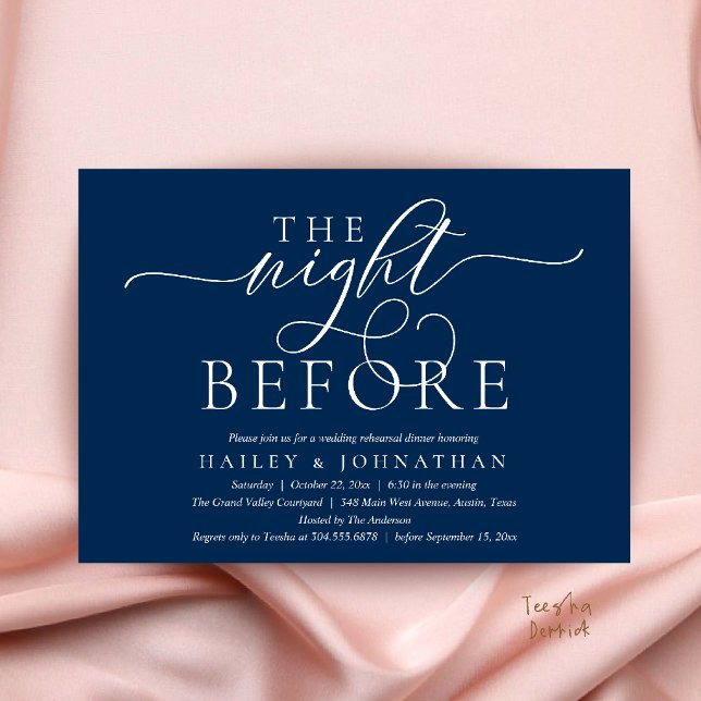 Convites A Noite Anterior, Jantar de Ensaios de Casamento E (The Night Before, Classy Wedding Rehearsal Dinner Invitation Card in Navy Blue)