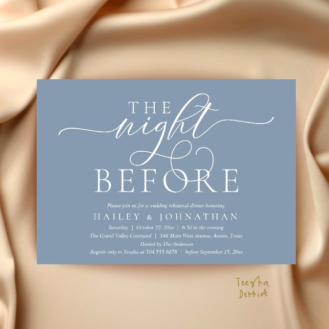 Convites A Noite Anterior, Jantar de Ensaios de Casamento E (The Night Before, Classy Wedding Rehearsal Dinner Invitation Card in Dusty Blue)