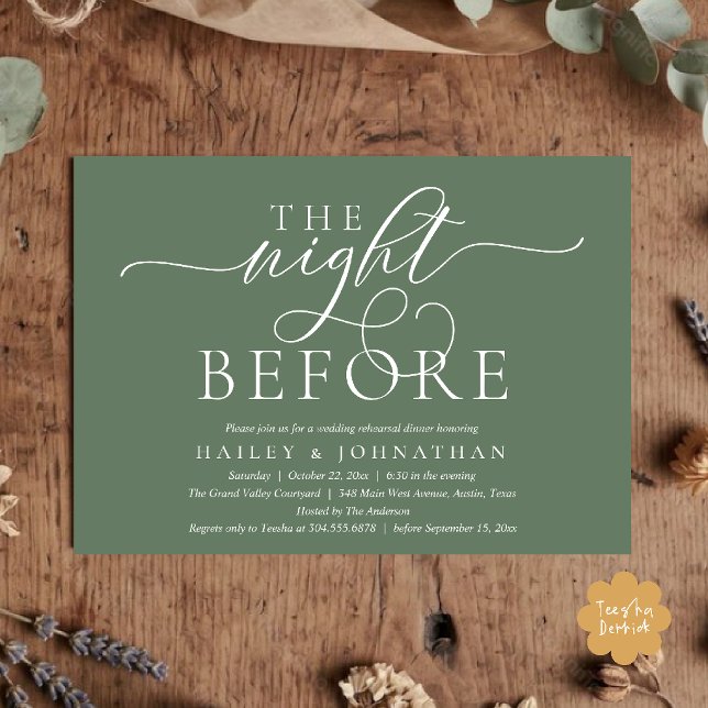 Convites A Noite Anterior, Jantar de Ensaios de Casamento E (The Night Before, Classy Wedding Rehearsal Dinner Invitation Card in Sage Green)