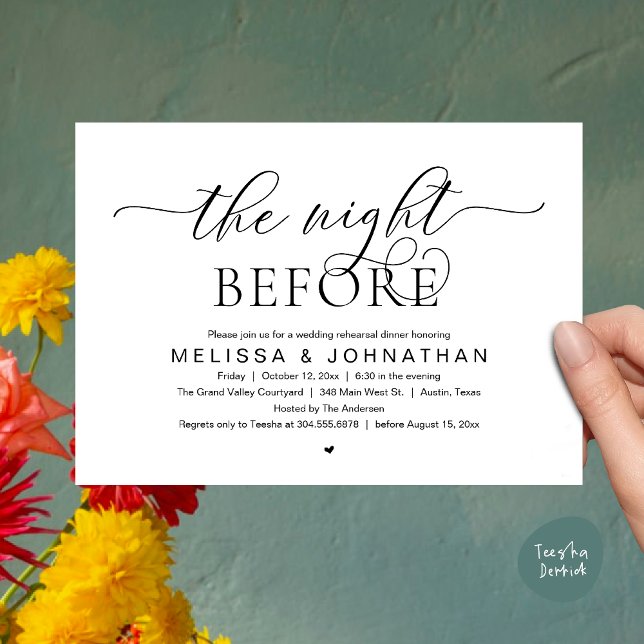 Convites A Noite Anterior, Jantar de Ensaios de Casamento E (The Night Before, Classy Modern Wedding Rehearsal Dinner Invitation Card PDF Black White)