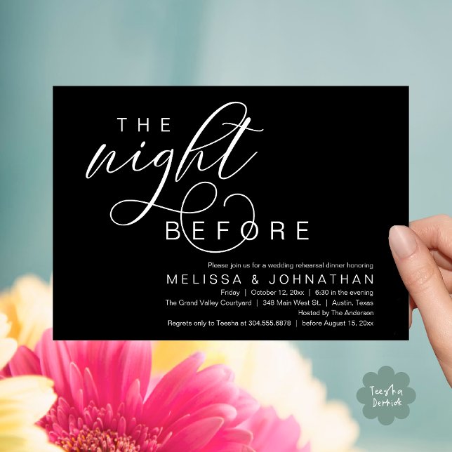 Convites A Noite Anterior, Jantar de Ensaios de Casamento E (The Night Before, Classy Romantic Wedding Rehearsal Dinner Invitation Card PDF Modern Black White)
