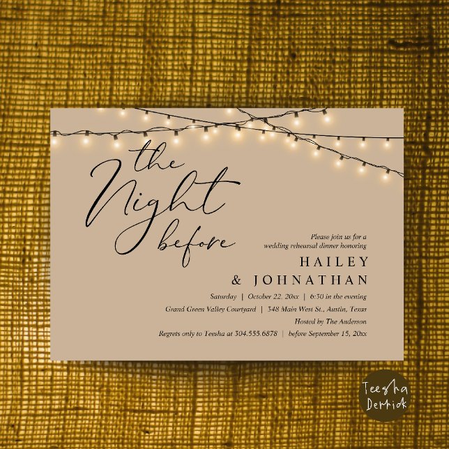 Convites A Noite Anterior, Jantar de Ensaios de Casamento M (The Night Before, Modern Romantic Wedding Rehearsal Dinner Invite Card in String Lights Brown Tan)