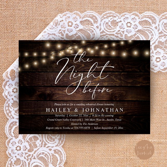 Convites A Noite Anterior, Jantar de Ensaios de Casamento M (The Night Before, Modern Romantic Wedding Rehearsal Dinner Invite Card in String Lights Dark Wood)