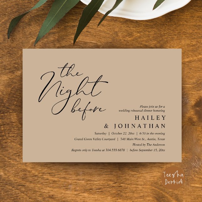 Convites A Noite Anterior, Jantar de Ensaios de Casamento M (The Night Before, Modern Romantic Wedding Rehearsal Dinner Invite Card in Brown Tan)
