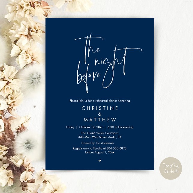 Convites A Noite Anterior, Jantar de Ensaios de Casamento M (The Night Before, Modern Wedding Rehearsal Dinner Invitation Card in Navy Blue)