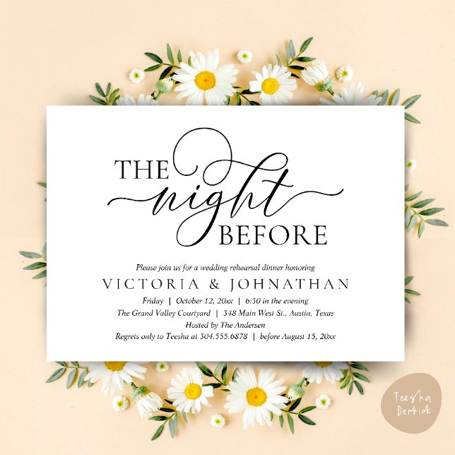 Convites A Noite Anterior, Jantar de Ensaios do Casamento (The Night Before, Wedding Rehearsal Dinner Party Classy Romantic Invitation Card PDF Black White)