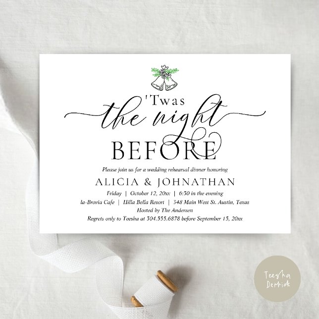 Convites A Noite Anterior, Jantar de Rehearsal de Casamento (The Night Before, Twas Wedding Rehearsal Dinner Party Invites mistletoe wedding bell Black White)
