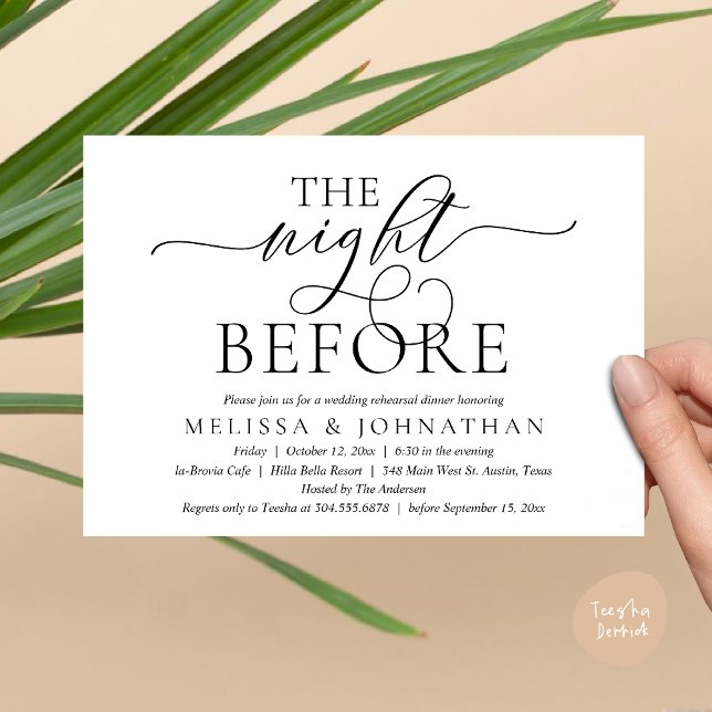 Convites A Noite Anterior, Jantar de Rehearsal de Casamento (The Night Before, Modern Wedding Rehearsal Dinner Party Invitation Card, PDF, Black white)