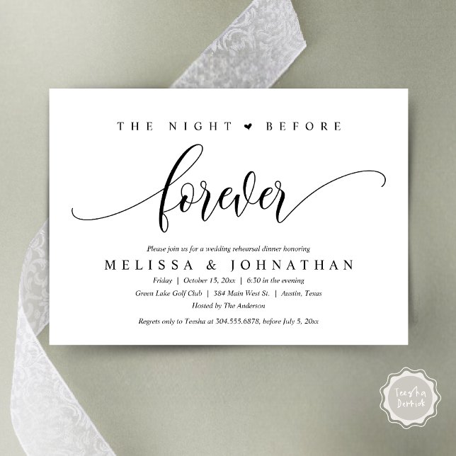 Convites A Noite Anterior Para Sempre, Janto De Ensaio De C (The Night Before Forever, Modern Wedding Rehearsal Dinner Invitation Card, PDF, in Black and white)