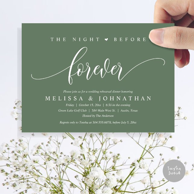 Convites A Noite Anterior Para Sempre, Janto De Ensaio De C (The Night Before Forever, Modern Wedding Rehearsal Dinner Invitation Card, PDF, in Forest Sage Green)