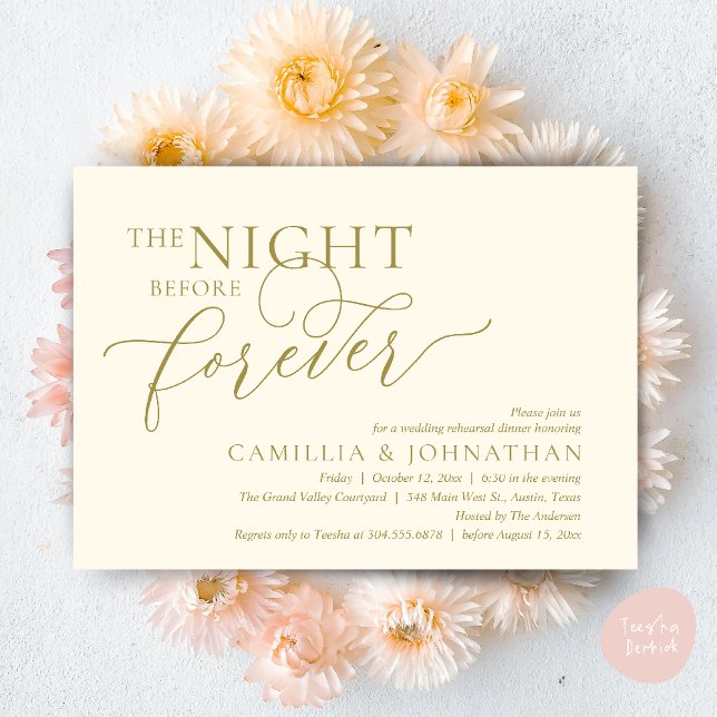 Convites A Noite Anterior Para Sempre, Janto De Ensaio De C (The Night Before Forever Wedding Rehearsal Dinner Romantic Classy Invites Card PDF in Yellow Gold)