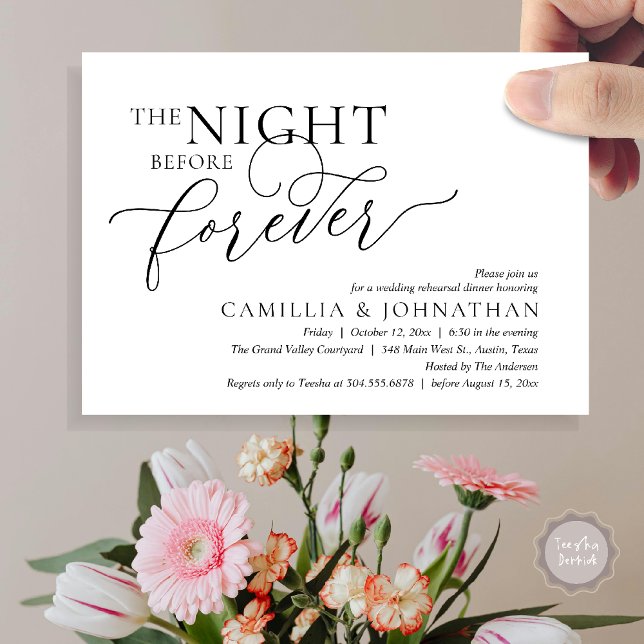 Convites A Noite Anterior Para Sempre, Janto De Ensaio De C (The Night Before Forever Wedding Rehearsal Dinner Romantic Classy Invites Card PDF in Black White)