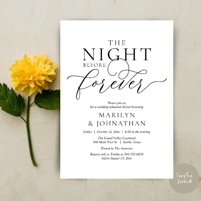 Convites A Noite Anterior Para Sempre, Janto De Ensaio De C (The Night Before Forever Wedding Rehearsal Dinner Romantic Classy Invites Card PDF in White Black)