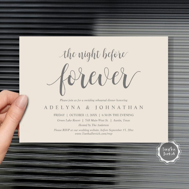 Convites A Noite Anterior Para Sempre, Janto De Ensaio De C (The Night Before Forever, Wedding Rehearsal Dinner Invitation Card, in dark grey and cream themed.)
