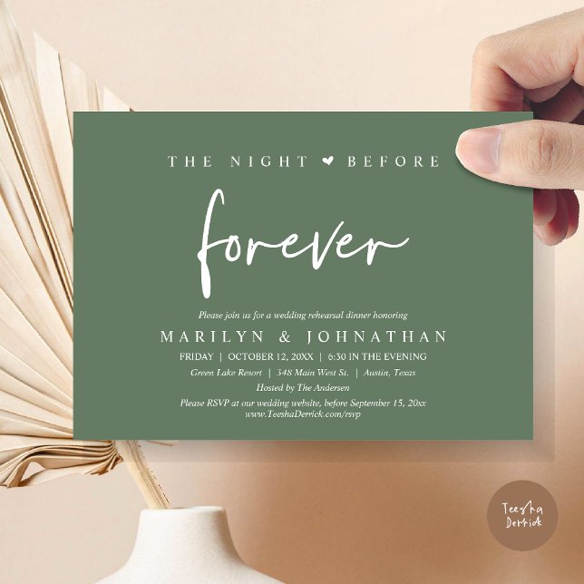 Convites A Noite Anterior Para Sempre, Janto De Ensaio De C (The Night Before Forever, Modern Wedding Rehearsal Dinner Invitation Card, PDF, in Forest Sage Green)